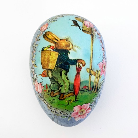4-1/2" Vintage Style Hiking Bunny Papier Mache Easter Egg Container ~ Germany